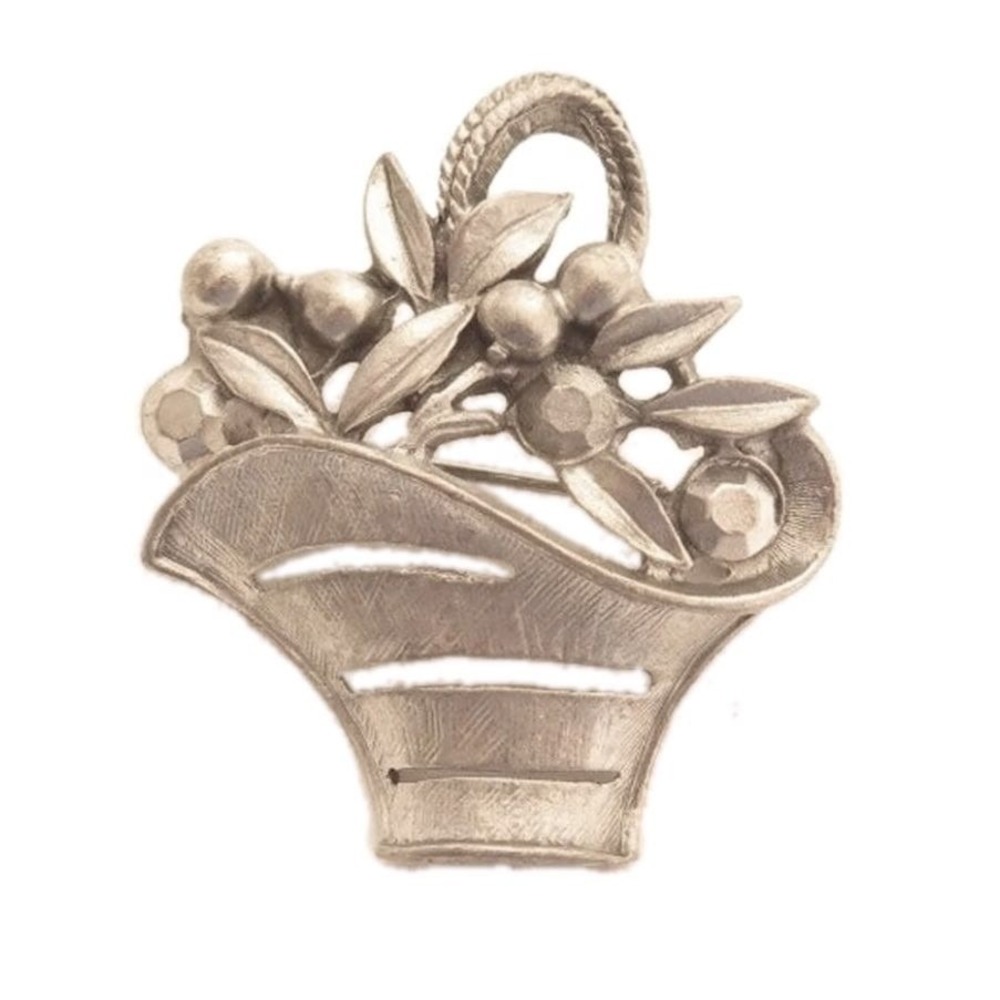 Vintage Silver Toned‎ Basket of Flowers Pin Brooch